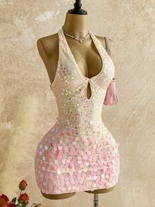 Soleia Frühlings-/Sommer-Neuheit, lässiges Urlaubsoutfit, Hochzeitsgast-Garderobe, Abschlussfeier-Brunch Damenkleid, elegantes, bohemisches, tropisches Neckholder-Rückenfreies Pailletten-Glitzer-Party-Valentinstag-Minikleid