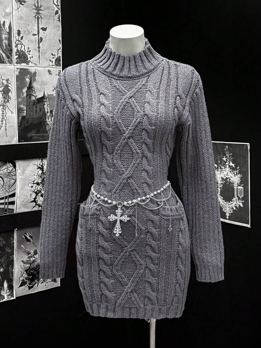 SHEIN Unity Women's Autumn/Winter Fashion Casual Cable Knit Sweater Dress - Dark Grey - View 1