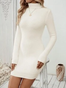 SHEIN Clasi 新款欧美风格休闲时尚舒适合身针织女式套头毛衣裙，厚实保暖内衬，秋冬 - 杏色 - 查看 5