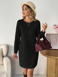Easowa Women's Casual Ribbed Long Sleeve Short Dress, Basic Outfit For Everyday Wear, Autumn/Winter Women Long Sleeve Dress Round Neck Dress Black Dress - Black - View 5