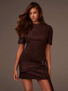 Athîral Winter Dresses For Women ,Party Brown Dress,Women's Casual Suede Mini Dress,Metal Decorative Buttons - Brown - View 7