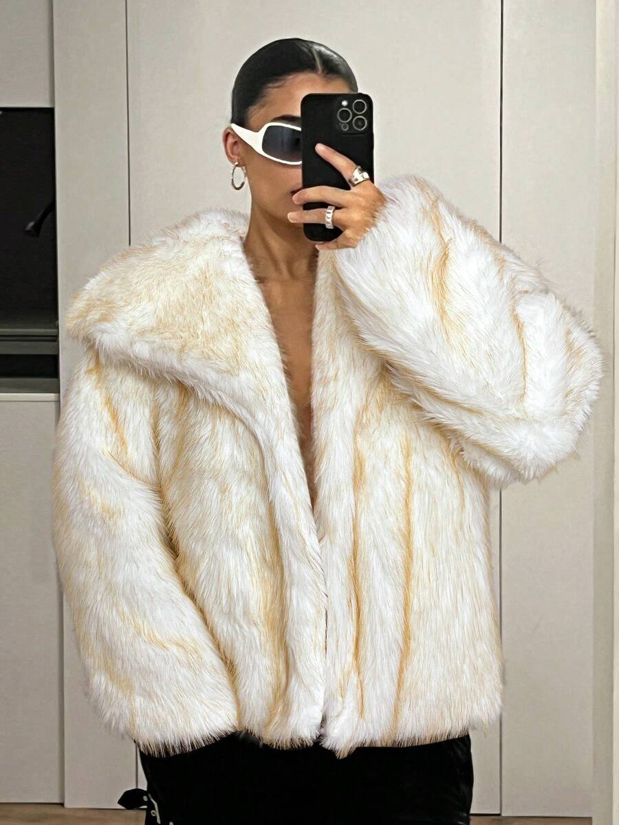 SHEIN ICON 女式冬季超大领口前开仿皮草夹克 - 白色 - 查看 1