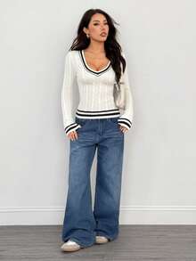 SHEIN PETITE Women's Solid Color Patchwork V-Neck Long Sleeve Casual Sweater In Fall/Winter - White - View 5