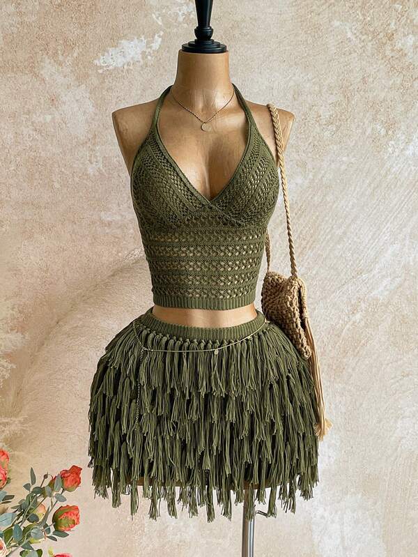 Soleia Women's V-Neck Halter Tie Backless Crop Top And Fringe Hem Mini Skirt 2 Pieces Set, Suitable For Party, Christmas, Date Night, Nightclub, Bohemian, Boho, Vacation, Fall