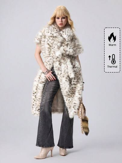 Grunge Punk Women's Leopard Print Faux Fur Short Sleeve Open Front Jacket