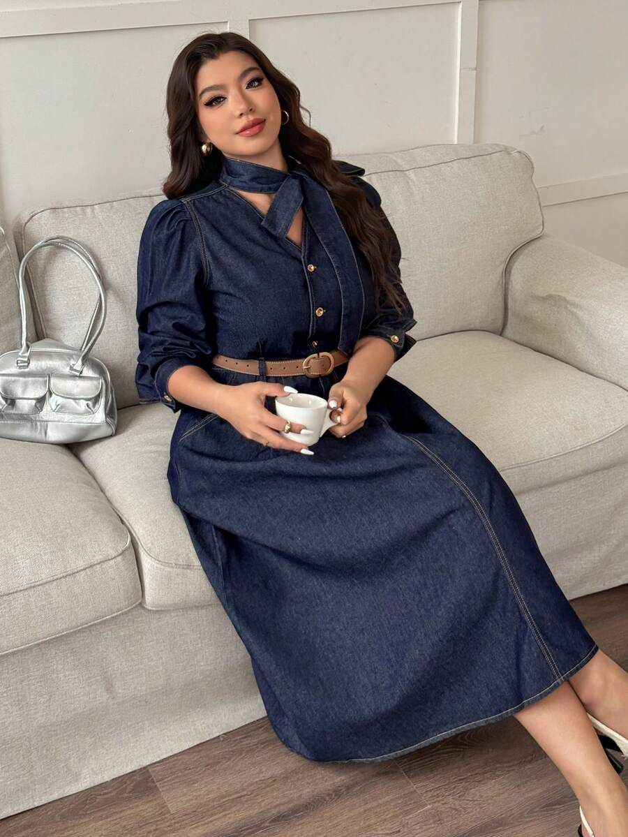 Dazy Plus Plus Size Women Casual Dark Washed Denim Dress With Bowknot Collar And Waist Tie, Spring/Autumn - Dark Wash - View 1
