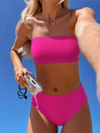 Women's Solid Color Minimalist Daily Wear Bandeau Top & Bottom Swimsuit Set