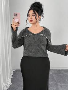 Modelyn Plus Size Elegant Pearl Embellished Flare Sleeve Sweater, Autumn/Winter - Dark Grey - View 6