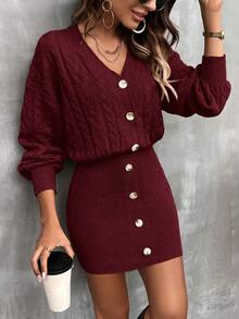SHEIN LUNE Women's Solid Color Knitted Dress, Autumn/Winter - Burgundy - View 6