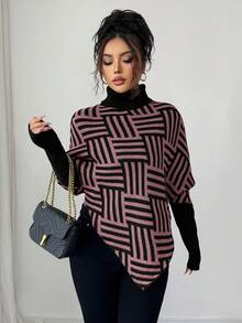 Selianne Women's Elegant High Neck Geometric Textured Poncho Sweater, Colorblock, Suitable For Home & Travel, Spring/Autumn - Pink - View 4