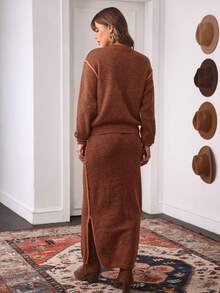 SHEIN LilyWest LanaWest Women Vintage & Fashionable Matching Knit Sweater And Skirt Set, Round Neck Pullover With Slit Hem Midi Skirt, Casual Western Style - Brown - View 2