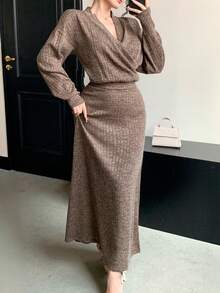 DAZY 秋冬季宽松商务休闲优雅V领长袖T恤和美人鱼裙两件套，适合新年、圣诞节、婚礼、派对、正式场合 - 棕色 - 查看 9