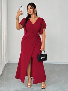 Elenzga Plus Size Spring/Summer Lightweight Formal Dress, Elegant Romantic V-Neck Ruffle Sleeve Fitted Mermaid Hem Cocktail Party Wedding Guest Dress, Red - Red - View 1