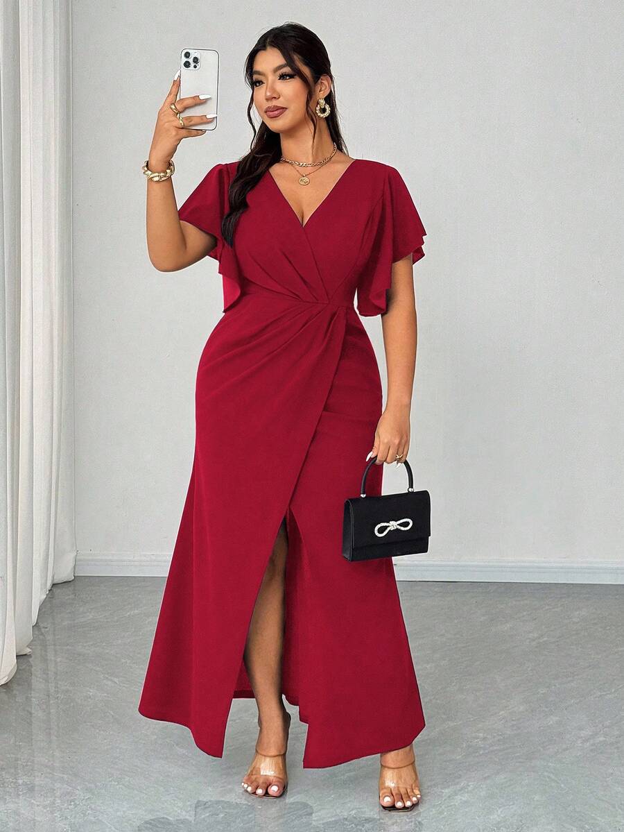 Elenzga Plus Size Spring/Summer Lightweight Formal Dress, Elegant Romantic V-Neck Ruffle Sleeve Fitted Mermaid Hem Cocktail Party Wedding Guest Dress, Red - Red - View 1