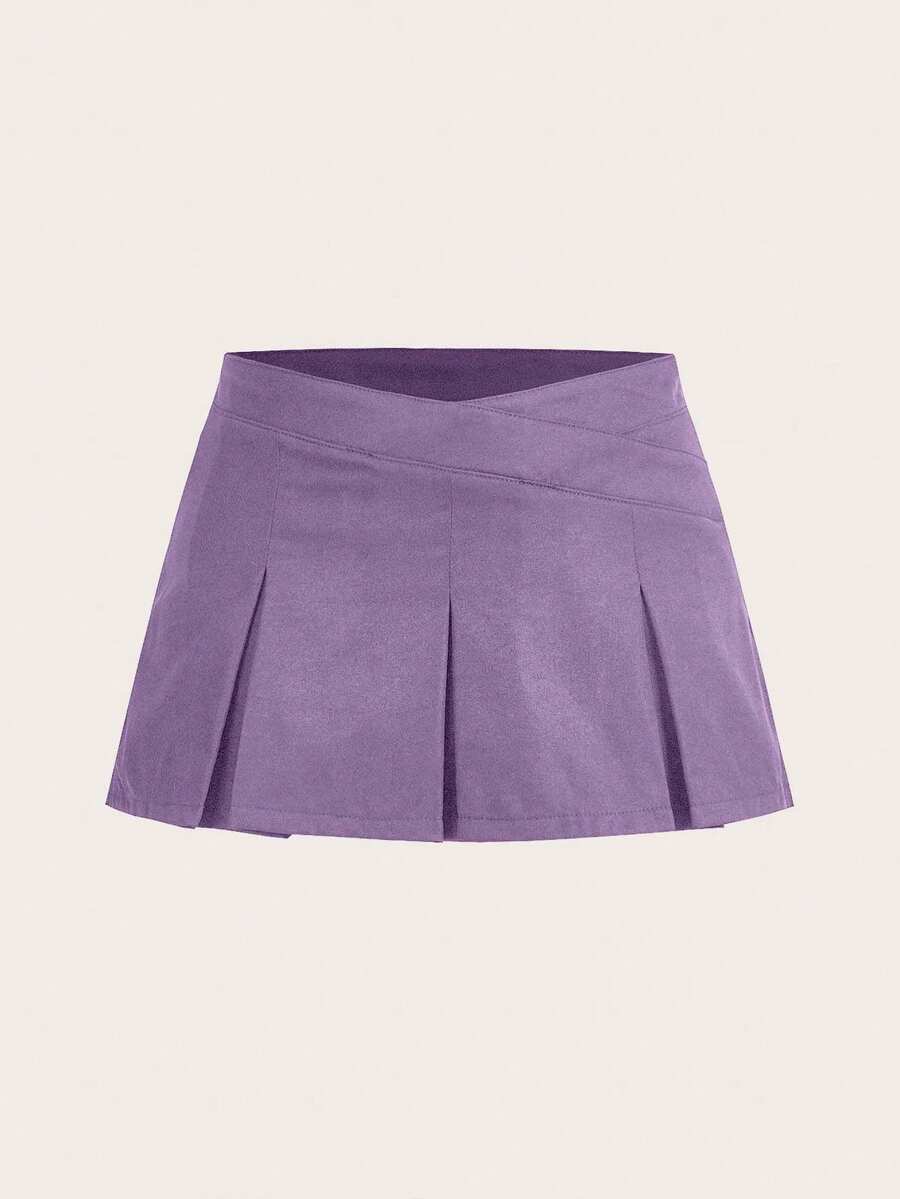 EURMUSE Women's Black Solid Pleated Hem Mini Skirt - Lilac Purple - View 1