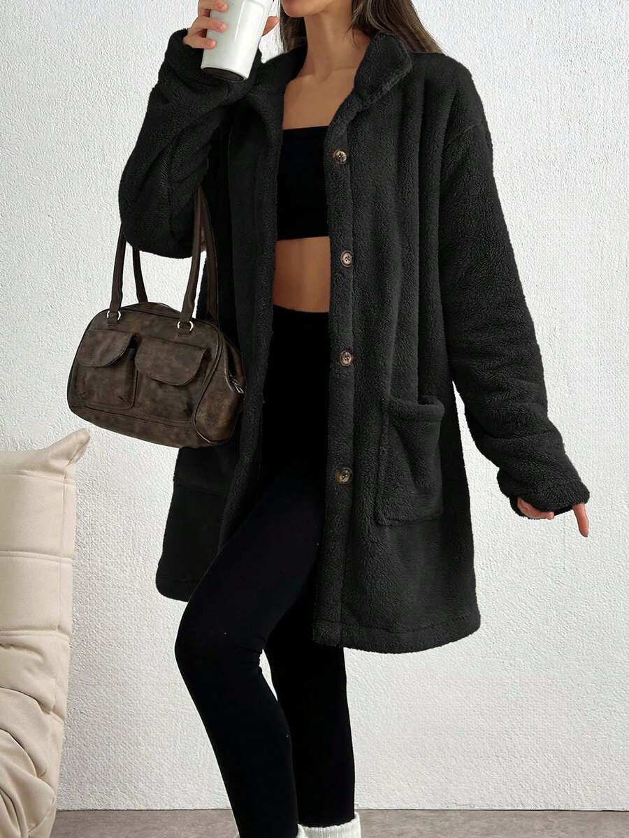 SHEIN Tall Front Pocket And Button Detailed Hooded Very Cozy And Soft Faux Fur Women Coat