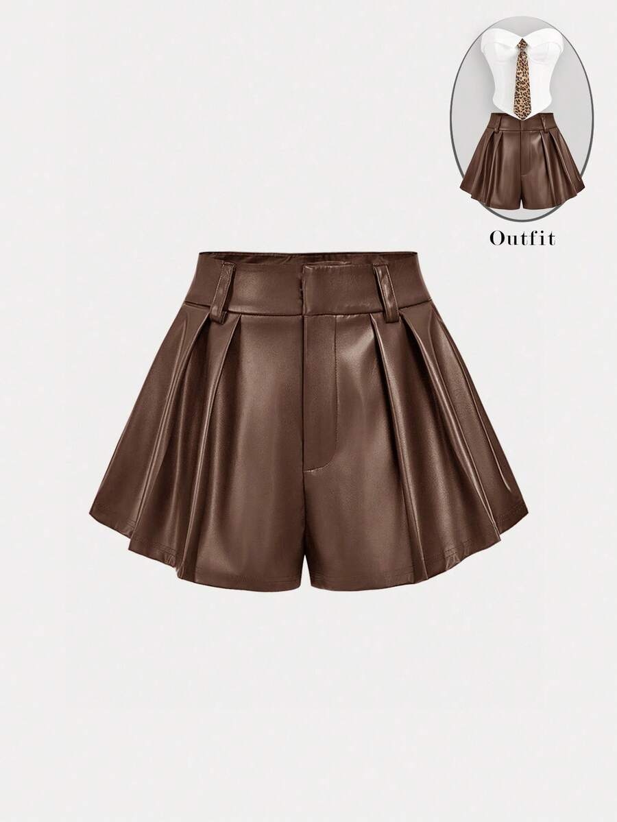 SHEIN MOD 女士褶皱宽松巧克力棕色PU阔腿短裤 - 巧克力棕 - 查看 1