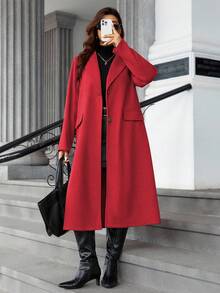 Calvaya Plus Size Women's Solid Color Slit Button Long Overcoat, Autumn/Winter - Red - View 4