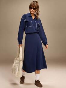 Qadelle Gaun Kasual Lengan Panjang dengan Blok Warna dan Penutup Resleting, Cocok untuk Olahraga, di Rumah, dan Aktivitas Luar Ruangan - Navy Blue - View 6