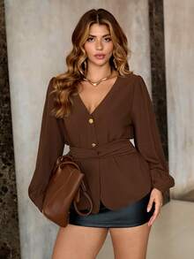 Roveilla 大码女式春秋冬法式浪漫西西里优雅休闲办公室度假下午茶派对纯色褶皱人造门襟玫瑰金金属装饰领结腰长袖衬衫 - 棕色 - 查看 4