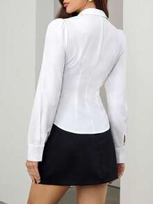 SHEIN Tall Áo sơ mi nữ tay dài cài cúc, kiểu dáng trơn, xếp ly, thanh lịch, thích hợp cho công sở, giáo viên, đi học, mùa thu. - trắng - Xem 2