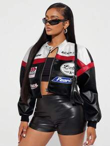 Radiana Chaqueta corta de piel sintética con bloque de color y patrón de letras para mujer, chaqueta de motocicleta/carreras/piloto, prenda exterior versátil para otoño/invierno - Negro - Ver 3