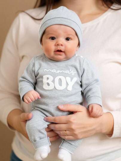 SHEIN 2pcs/Set  Baby Boys Cute Letter Embroidery Waffle Thermal Jumpsuits, Suitable For Indoor And Outdoor Wear Newborn Knit Outfit Boy Baby Casual Romper Baby Fall Newborn Suit New Born Neutral Outfit Natural Baby Clothes New Born Neutral Baby Clothes Unisex Baby Boy Clothed Daddys Boy Clothes New Born Boy Photoshoot Outfit Mamas Boy Outfit