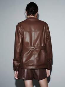 Lumivelle Women's Winter Jacket Fashion Series, Collar, Waist Tie, Pockets, Faux Leather PU Short Coat - Brown - View 2