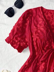 Trelyra 时尚清新提花短袖V领女式上衣，2025夏季新款时尚短袖衬衫 - 紅色 - 查看 5