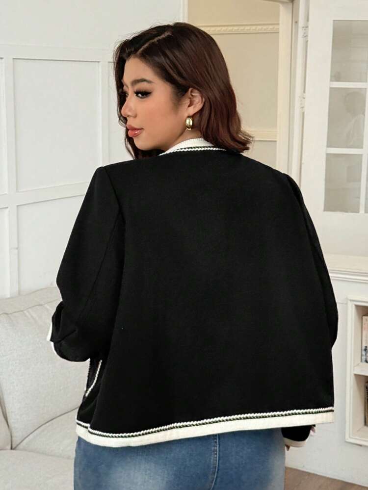 Dazy Plus Contrast Color Block V-Neck Elegant Pocket Plus Size Women Spring/Autumn Jacket Women Coats