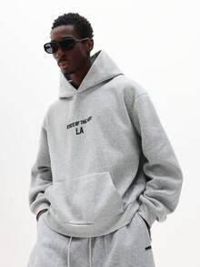 SUMWON Regular State Of The Art LA Text Print Pullover Hoodie With Centre Pocket And Drawstring Hood Plain - Grey - View 1