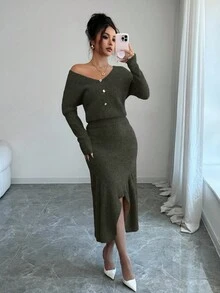 Elenzga Set da 2 pezzi da donna composto da maglione elegante a maniche a pipistrello con scollo a V in colore unito e gonna midi in maglia a coda di pesce - Verde militare - Visualizzare 4