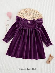 Cozy Pixies Baby Mädchen einfarbiges gestricktes weiches Kleid mit rundem Ausschnitt, Rüschensaum und Taille - Violett - Übersicht 4