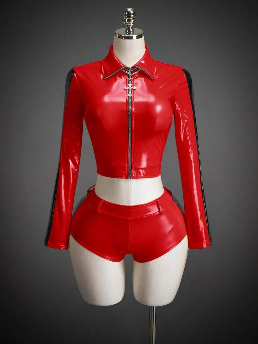SHEIN ICON Women's Halloween COS Contrast Color Cropped Jacket And Shorts Set, Christmas - Red - View 1