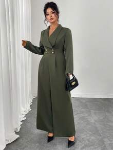 SHEIN Elenzya Bộ đồ liền thân tay dài ve áo thanh lịch cỡ lớn dành cho nữ - xanh quân đội - Xem 5