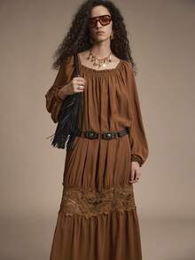 Florisole Women's Autumn/Winter Bohemian Romantic Casual A-Line Loose Lace Trim Maxi Dress, Orange-Brown Romantic