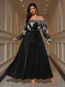 Gownix Plus Size Elegant Party Sequin Patchwork Off-Shoulder Dress/Christmas Dress - Silver - View 5