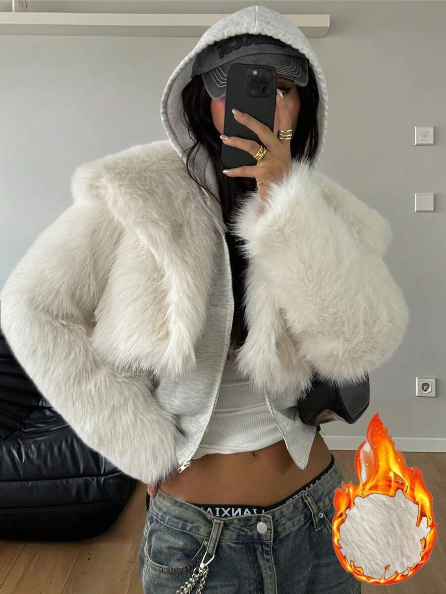 Coolane 女士秋冬街头风 Y2K 日常装 简约约会夜 休闲复古风 温暖毛茸茸的白色翻领宽松短款人造皮草大衣 - 白色 - 查看 1