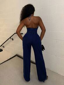 Alexandranx Women Denim Halter Neck Top & Elastic Waist Pants Set, Blue Dark Denim Two Piece Set - Dark Wash - View 2