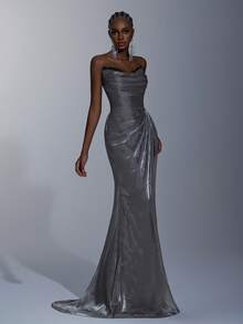 Elitara Váy dạ hội vải kim loại tối giản thanh lịch, chắp vá, viền xếp nếp, viền đuôi cá, váy dạ hội lưới, váy dự tiệc - Xám - Xem 3