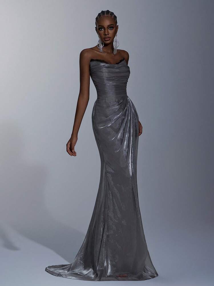 Elitara Vestido de noche elegante y minimalista con tela metálica, diseño de retazos desgastados, volantes y dobladillo de cola de pez, vestido formal de malla para invitados - Gris - Añade 3
