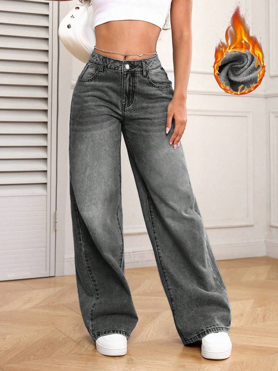 SHEIN PETITE Pantalones vaqueros de pierna ancha de unicolor con forro térmico, bolsillos y versátiles, para otoño/invierno - Gris - Ver 1