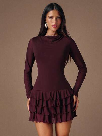 BAE Bordeaux Elegante Bodycon Mini Dress Layered Ruffle Hem, Date Night, Clubbing, Birthday Cocktail view 5