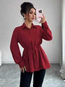 Elenzga Áo sơ mi công sở kiểu Pháp thanh lịch dành cho nữ, có cổ áo sơ mi, vạt trước, thắt nơ eo, tay dài, phù hợp cho mùa xuân, thu và đông - Màu Đỏ Sâu - Xem 4