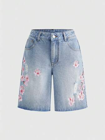 J-Fashion Short en jean ample à taille très basse avec broderie de fleurs de cerisier rétro Y2K, coupe ample, unisexe
