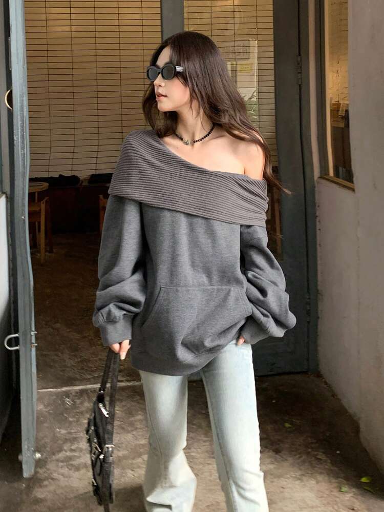 Women's Off-Shoulder Casual Long Sleeve Sweatshirt, Korean Style, Autumn/Winter
