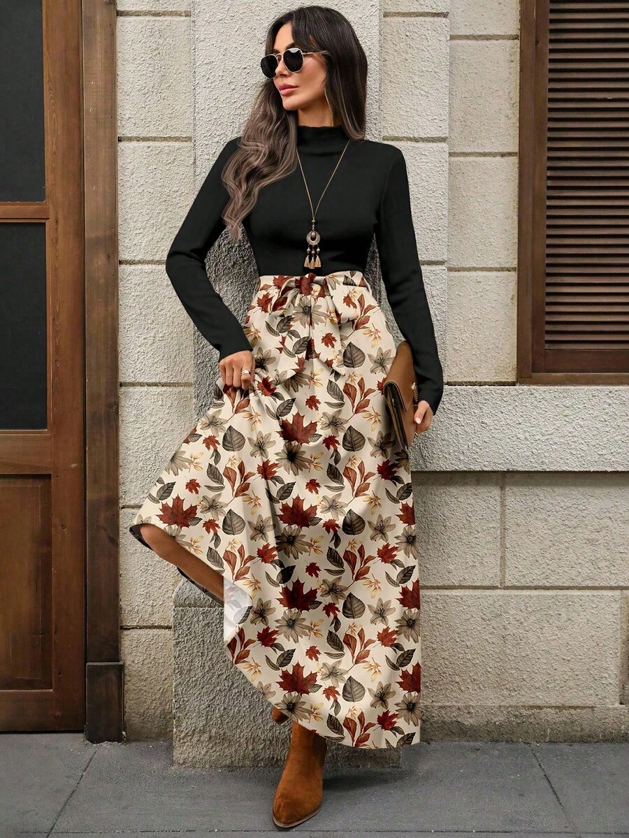 EMERY ROSE Đầm dài tay dài cổ cao họa tiết hoa giản dị, thắt eo thanh lịch dành cho nữ mùa thu/đông - Nhiều màu - Xem 1