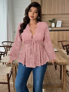EMERY ROSE Blusa elegante de fiesta con volantes en el bajo, de tela jacquard de encaje para mujer de talla grande, para uso en la oficina - Rosa vieja - Ver 4