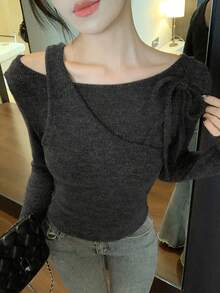 DAZY 女士纯色极简系带长袖T恤，日常穿着 - 黑色 - 查看 3