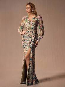 MOTF Soiréza FLORAL PRINT SPLIT THIGH PROM DRESS - Green - View 8